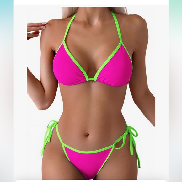Neon pink green Brazilian bikini swimsuit rave cheeky bottoms glow club beach
